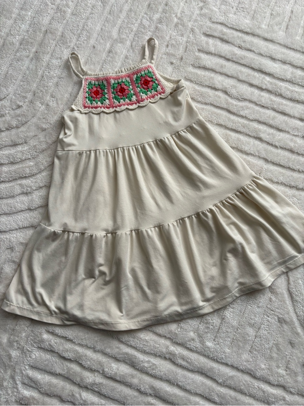 btween Cream Tiered Sundress with Pink & Green Crochet Yoke